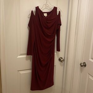 Ashley Graham Burgundy Cold-Shoulder Draped Midi Dress